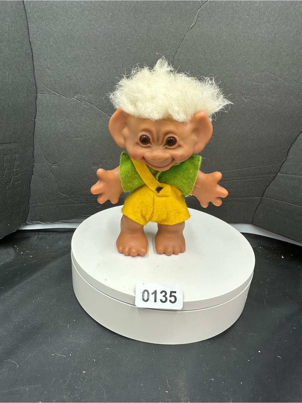 Vintage 1961 Thomas dam troll off white hair Green& YELLOW original 
Clothes